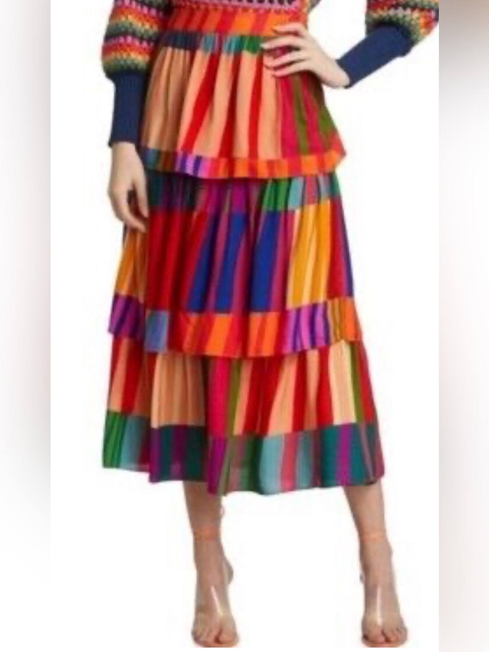 FARM Rio Vibrant Multi-Stripe Tiered MIDI  Skirt